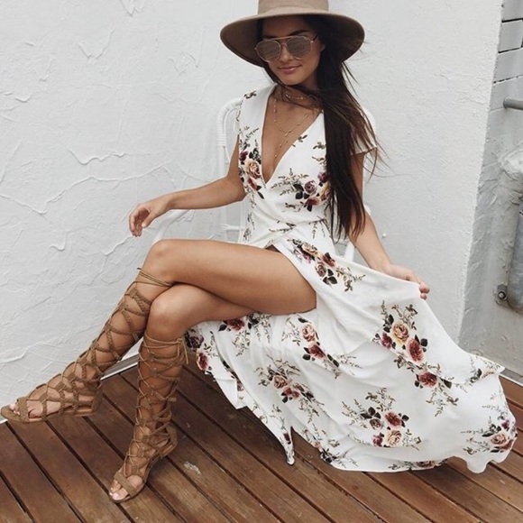 White Floral High Low Wrap Maxi Dress - Picture 2 of 8